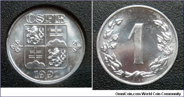 Czech and Slovak Federative Republic 1 haler from 1991 mint set. Mintage: 55.000 pieces.