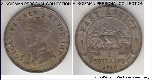 KM-21, 1922 East Africa shilling, Heaton mint (H mint mark); silver, reeded edge; typically darl toned, usually due to the low silver content (0.250), very fine.