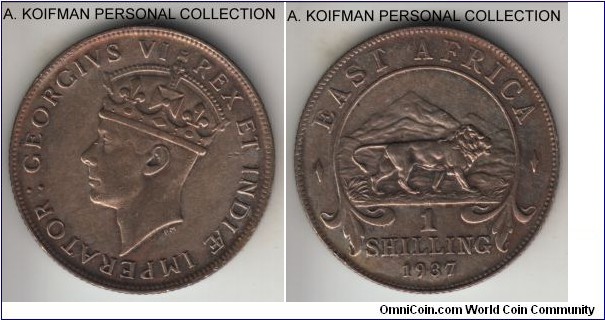 KM-28.1, 1937 East Africa shilling, Heaton mint (H mint mark); silver, reeded edge; extra fine or about, details are quite sharp.