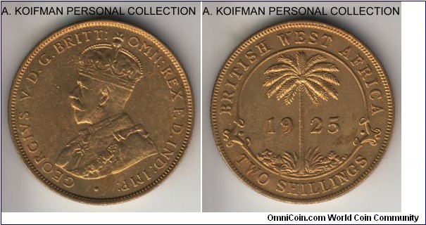 KM-13b, 1925 British West Africa 2 shillings, Royal mint (no mint mark); tin-brass, reeded edge; scarcer early issue, about uncirculated details but unfortunately cleaned.