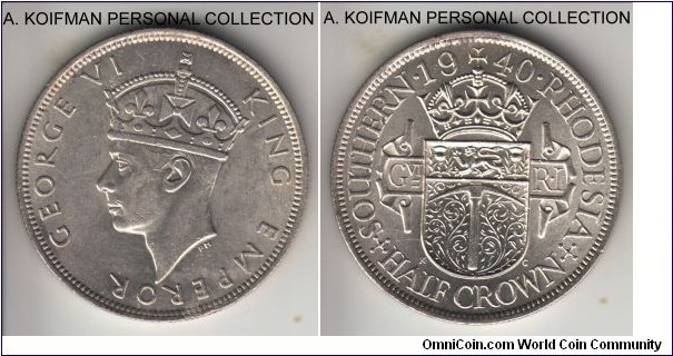 KM-15, 1940 Southern Rhodesia 1/2 crown; silver, reeded edge; a more common and affordable year of this scarcer country, border line uncirculated, full lustre.