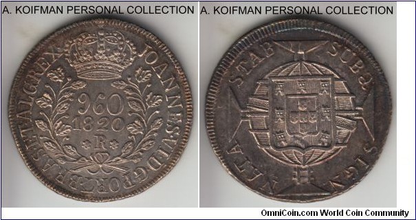 KM-326.1, 1820 Brazil (Colony) 960 reis, Rio mint (R mint mark); silver, milled edge; fully struck edge, struck over a host coin but I cannot see which one, darker cabinet toning on this almost uncirculated coin.