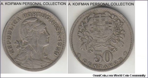 KM-577, 1929 Portugal 50 centavos; copper-nickel, reeded edge; very fine or slightly better.