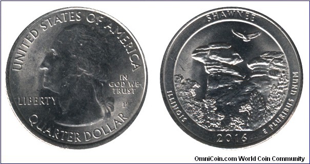 USA, 1/4 dollar, 2016, Cu-Ni, 24.26mm, 5.67g, MM: P, George Washington, Shawnee, Illionis.