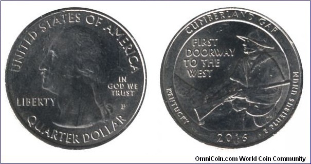 USA, 1/4 dollar, 2016, Cu-Ni, 24.26mm, 5.67g, MM: P, George Washington, Cumberland Gap, Kentucky, First Doorway to the West.