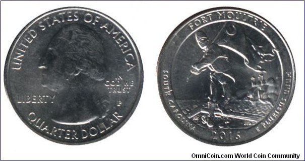 USA, 1/4 dollar, 2016, Cu-Ni, 24.26mm, 5.67g, MM: P, George Washington, Fort Moultrie, South Carolina.
