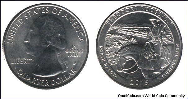 USA, 1/4 dollar, 2016, Cu-Ni, 24.26mm, 5.67g, MM: P, George Washington, Theodore Roosevelt.