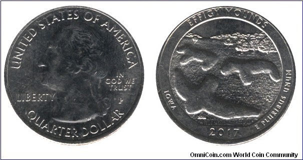 USA, 1/4 dollar, 2017, Cu-Ni, 24.26mm, 5.67g, MM: P, George Washington, Effigy Mounds, Iowa.