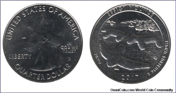 USA, 1/4 dollar, 2017, Cu-Ni, 24.26mm, 5.67g, MM: D, George Washington, Effigy Mounds, Iowa.