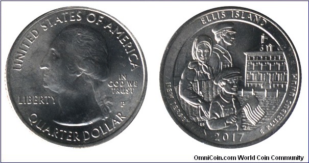 USA, 1/4 dollar, 2017, Cu-Ni, 24.26mm, 5.67g, MM: P, George Washington, Ellis Island, New Yersey.