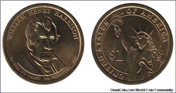 USA, 1 dollar, 2009, Ms-Brass, 26.5mm, 8.07g, MM: P, William Henry Harrison, 9th President, 1841.