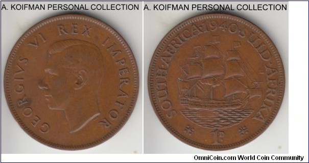 KM-25, 1940 South Africa penny; bronze, plain edge; good very fine to extra fine, regular variety with the dot after date.