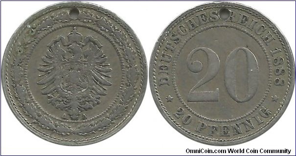 DeutschesReich 20 Pfennig 1888A-hole- but rare coin
