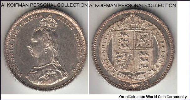 KM-761, 1887 Great Britain shilling; silver, reeded edge; Victoria small veiled bust, scarcer Davies 1 + A variety, nice about uncirculated, reverse has lustrous proof like fields.