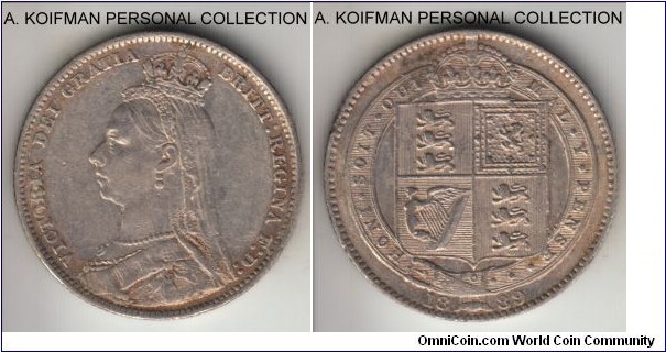 KM-774, 1889 Great Britain shilling; silver, reeded edge; Victoria larger crowned bust, good very fine.