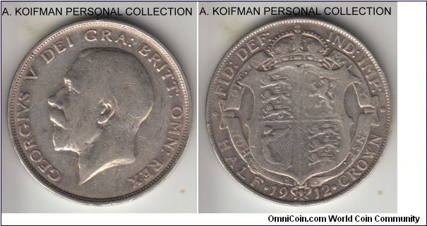 KM-818.1, 1912 Great Britain half crown; silver, reeded edge; George V scarcer year, fine.