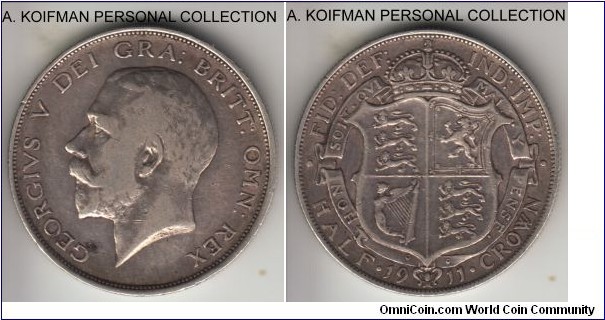 KM-818.1, 1911 Great Britain 1/2 crown; silver, reeded edge; George V coronation year, good fine plus.