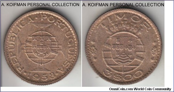 KM-14, 1958 Portuguese Timor 3 escudos; silver, reeded edge; less common coin, toned uncirculated.