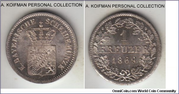 KM-873, 1869 Bavaria kreuzer; silver, plain edge; low grade 0.166 silver, common, minted in millions, nice brilliant uncirculated specimen.