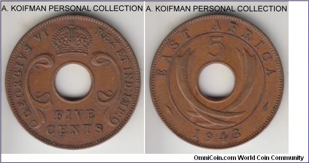 KM-25.2, 1943 East Africa 5 cents, Pretoria mint (SA mint mark); bronze, plain edge; very fine and a bit dirty.