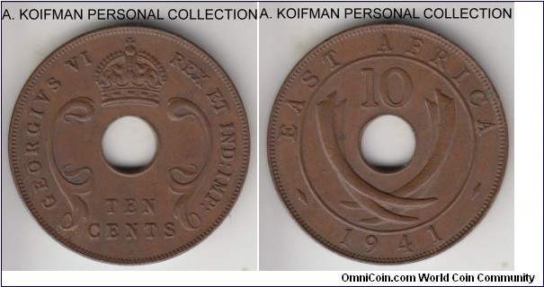 KM-26.1, 1941 East Africa 10 cents, Bombay mint (I mint mark); bronze, plain edge; last year of the type, common but good grade, brown almost  uncirculated.
