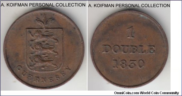 KM-1, 1830 Guernsey double; copper, plain edge; minted in abundance they heavily circulated, so higher grade speciment are not common, this one is a good extra fine with the toning consistent with the copper aging.