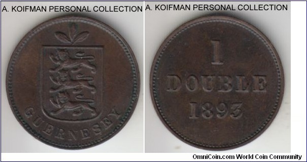 KM-10, 1893 Guernsey double, Heaton mint (H mint mark); bronze, plain edge; dark blue brown about uncirculated, mintage 56,000.