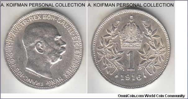 KM-2820, 1916 Austria corona; silver, lettered edge; minted in abundance, decent uncirculated.