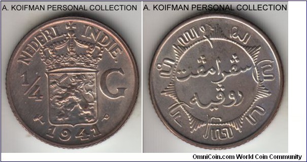 KM-319, 1941 Netherlands East Indies 1/4 gulden, Philadelphia mint (P mint mark); silver, reeded edge; average uncirculated, some toning.