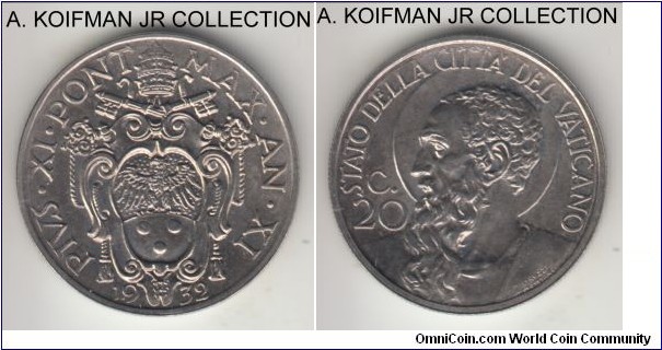 KM-3, 1932 Vatican 20 centesimi; nickel, reeded edge; Year XI of Pius XI, mintage 80,000, uncirculated as minted, weaker strike.