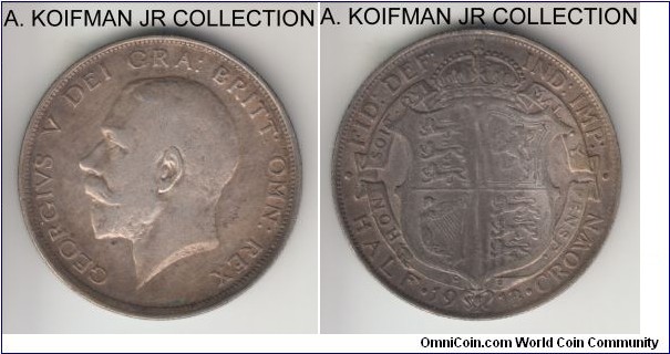 KM-818.1, 1913 Great Britain 1/2 crown; silver, reeded edge; George V, scarcest of the type, about very fine, unevenly, mostly dark toned.