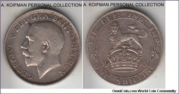 KM-816, 1913 Great Britain shilling; silver, reeded edge; scarcer key year, good fine to about very fine.