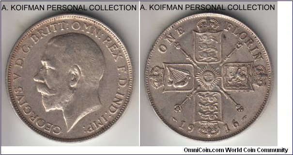 KM-817, 1916 Great Britain florin; silver, reeded edge; good very fine to extra fine.