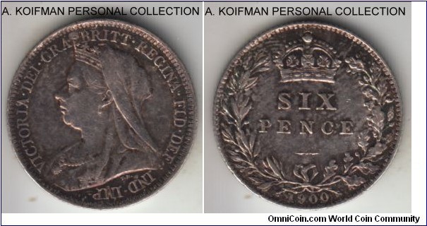 KM-779, 1900 Great Britain 6 pence; silver, reeded edge; Victoria mature head, very fine and toned.