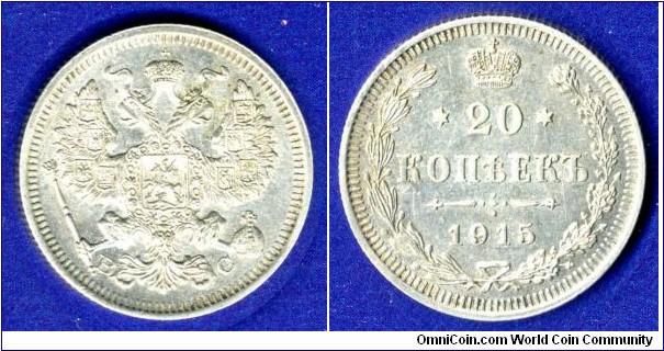 20 kopeeks.
Russian Empire.
Nicolai II (1894-1917).
I found this coin using a metal detector.


Ag500f. 3,6gr.