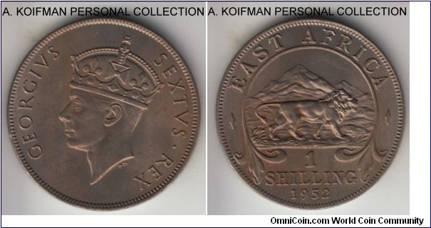 KM-31, 1952 East Africa shilling, Royal mint (no mint mark); copper-nickel, reeded edge; nice uncirculated, lightly darker toned.