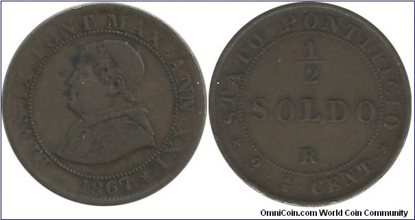 PapalState ½ Soldo 1867R - Anno XXI