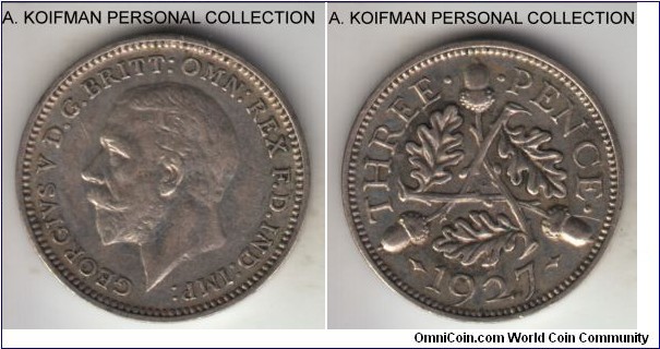 KM-831, 1927 Great Britain 3 pence; silver, plain edge; mishandled proof that somehow got into circulation, mintage 15,000, extra fine or about.