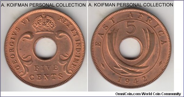 KM-25.2, 1942 East Africa 5 cents, Royal mint (no mint mark); bronze, plain edge; red brown uncirculated, a variety more common than the one minted in Pretoria.