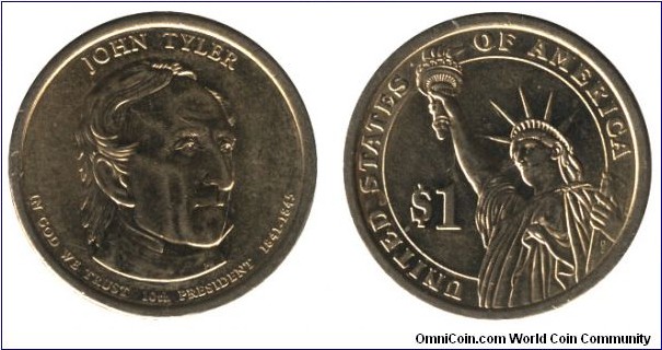 USA, 1 dollar, 2009, Mn-Brass, 26.5mm, 8.07g, MM: D, John Tyler, 10th President, 1841-1845.