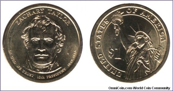 USA, 1 dollar, 2009, Mn-Brass, 26.5mm, 8.07g, MM: P, Zachary Taylor, 12th President, 1849-1850.