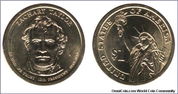 USA, 1 dollar, 2009, Mn-Brass, 26.5mm, 8.07g, MM: P, Zachary Taylor, 12th President, 1849-1850.