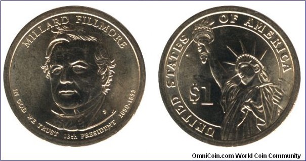 USA, 1 dollar, 2010, Mn-Brass, 26.5mm, 8.07g, MM: P, Millard Fillmore, 13th President, 1850-1853.