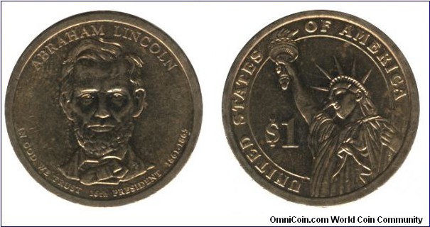 USA, 1 dollar, 2010, Mn-Brass, 26.5mm, 8.07g, MM: P, Abraham Linkoln, 16th President, 1861-1865.