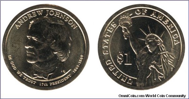 USA, 1 dollar, 2011, Mn-Brass, 26.5mm, 8.07g, MM: P, Andrew Johnson, 17th President, 1865-1869.
