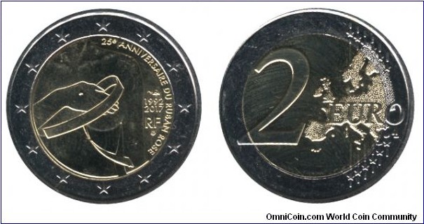 France, 2 euro, 2017, Cu-Ni-Ni-Brass, bi-metallic, 25.75mm, 8.5g, 1992-2017, 25th Anniversary of Breast cancer awareness.