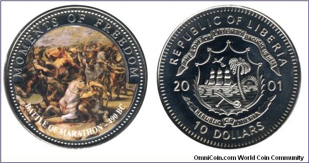 Liberia, 10 dollars, 2001, Cu-Ni, 38.6mm, 28.5g, Moments of Freedom: Battle of Marathon -490 BC.