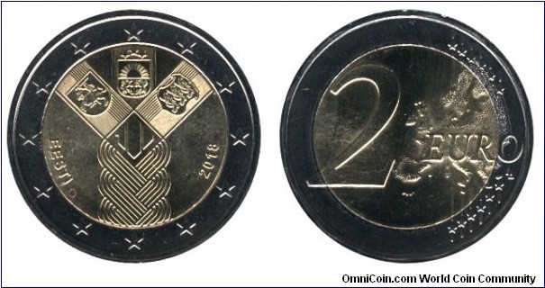 Estonia, 2 euro, 2018, Cu-Ni-Ni-Brass, bi-metallic, 25.75mm, 8.5g, 100th Anniversary of Baltic States.