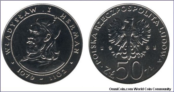 Poland, 50 zlotych, 1981, Cu-Ni, 30.5mm, 11.7g, King Wladislaw I Herman, 1079-1102.
