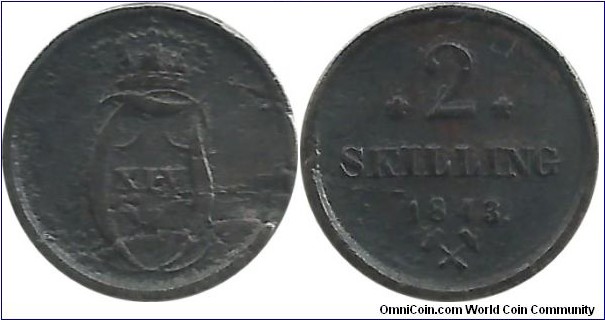 Sweden 2 Skilling 1843 - King Carl XIV Johan (1818-1844)